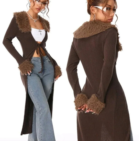 Y2K Fashion Vintage Rib Knit Flannelette Textured Lace Up Brown Long Cardigans - Picture 2 of 3